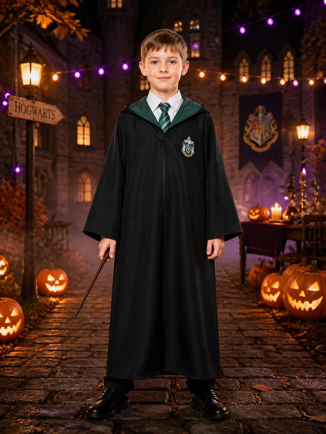 Deep Green Wizard Robe Costume Set, Hooded Button-Front Robe with Striped Tie Costumes detail 2