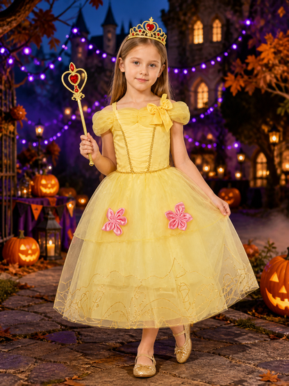 Girls Yellow Princess Dress Costume with Crown & Magic Wand, Layered Tulle for Costume Dresses detail 2