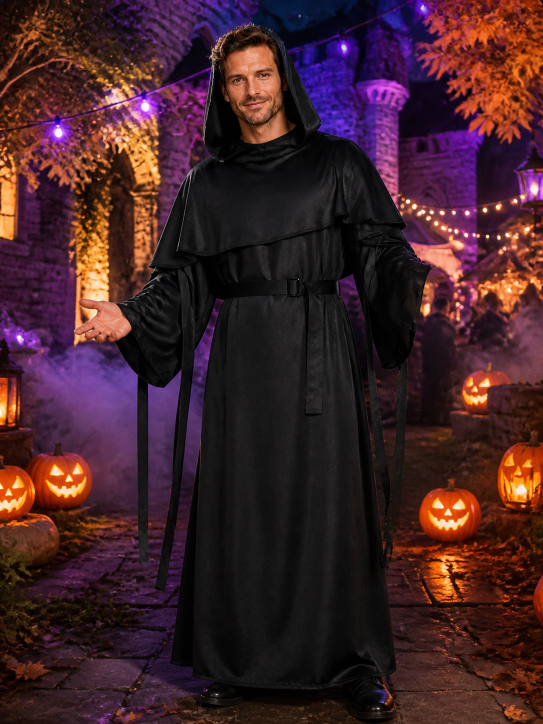 Black Hooded Wizard Robe Costume Set with Layered Shoulders and Belt Costumes detail 2