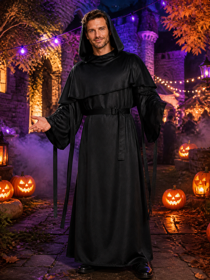 Black Hooded Wizard Robe Costume Set with Layered Shoulders and Belt Costumes detail 2