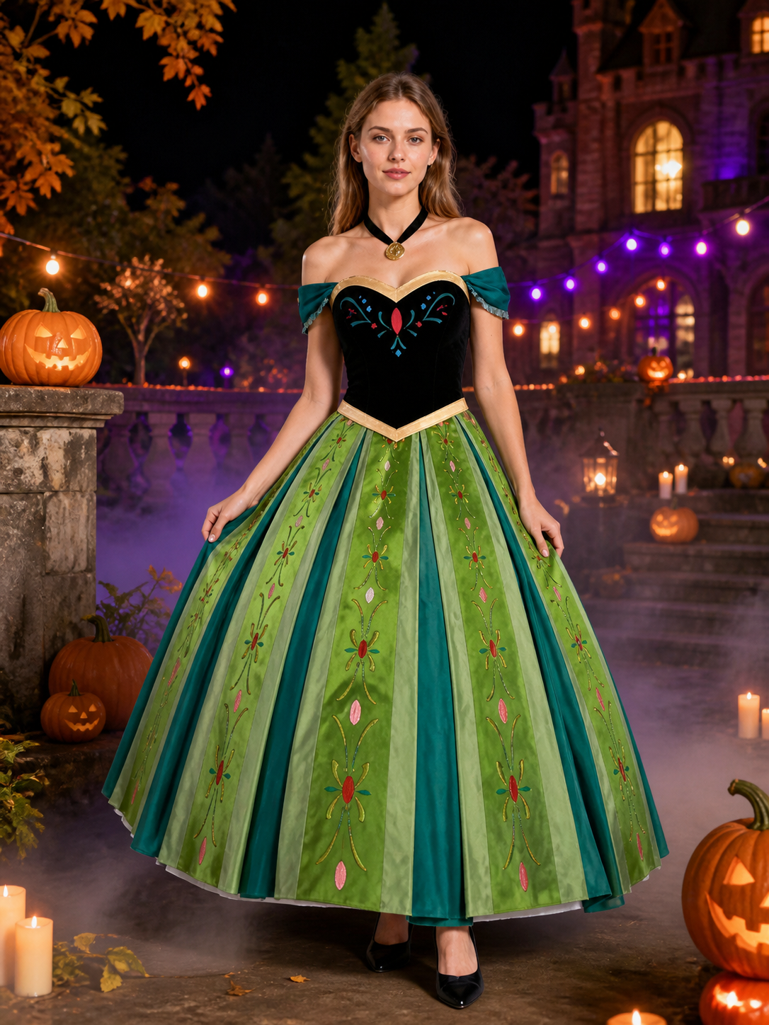Anna-Themed Princess Costume Dress Set, Embroidered Long Dress With Necklace And Costume Dresses detail 2