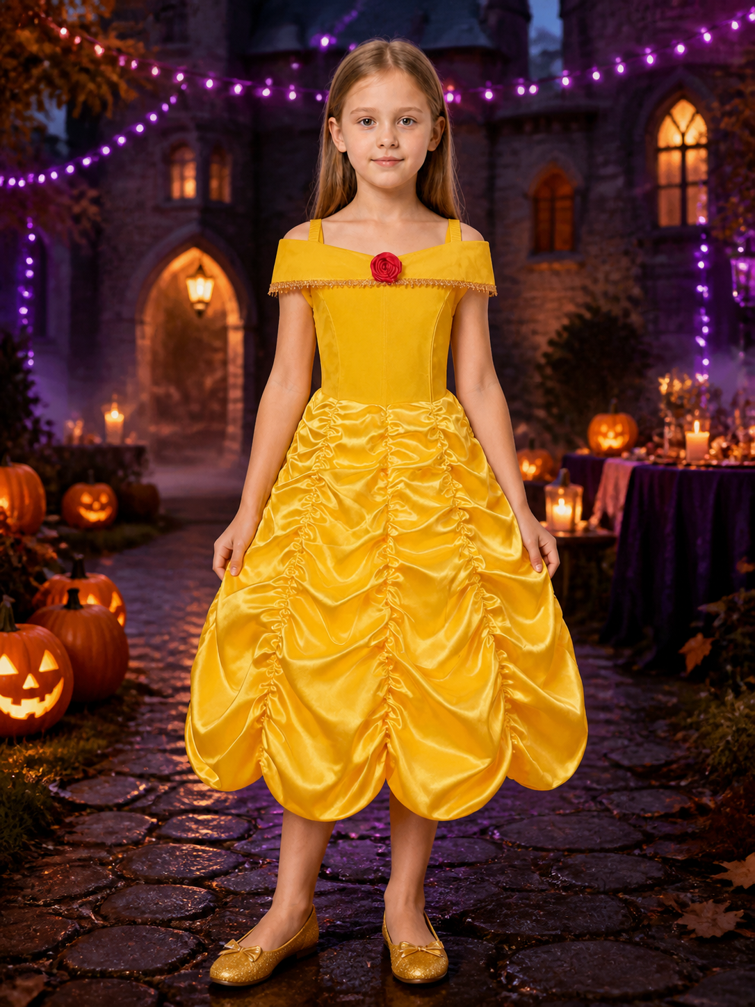 Girls Yellow Princess Dress Costume, Fluffy Ball Gown with Rose & Gold Trim Costume Dresses detail 2
