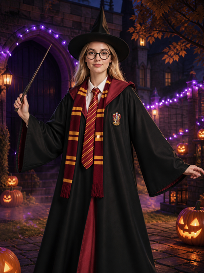 Red and Black Wizard Cosplay Robe Costume Set with Hat, Glasses, Wand, Tie Costume Headwear detail 2