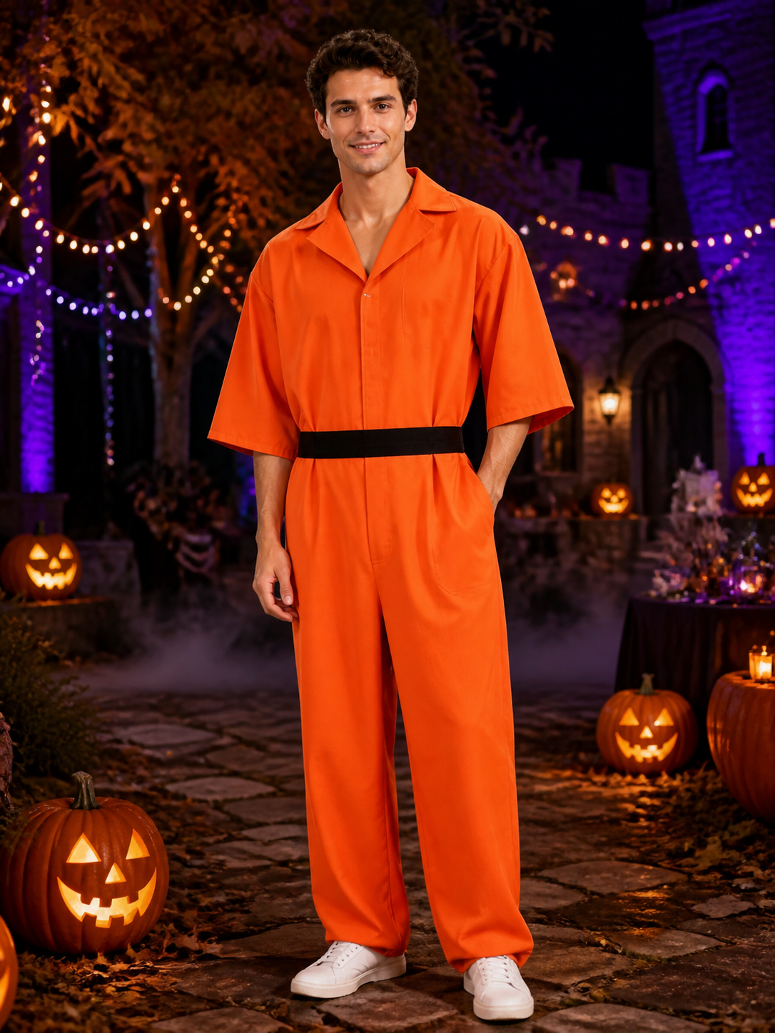 Adult Orange Prisoner Jumpsuit Costume with Detachable Belt for Halloween Costumes detail 2