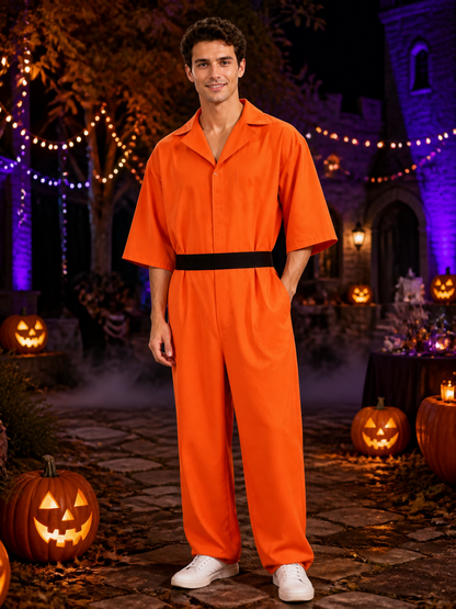 Adult Orange Prisoner Jumpsuit Costume with Detachable Belt for Halloween Costumes detail 2
