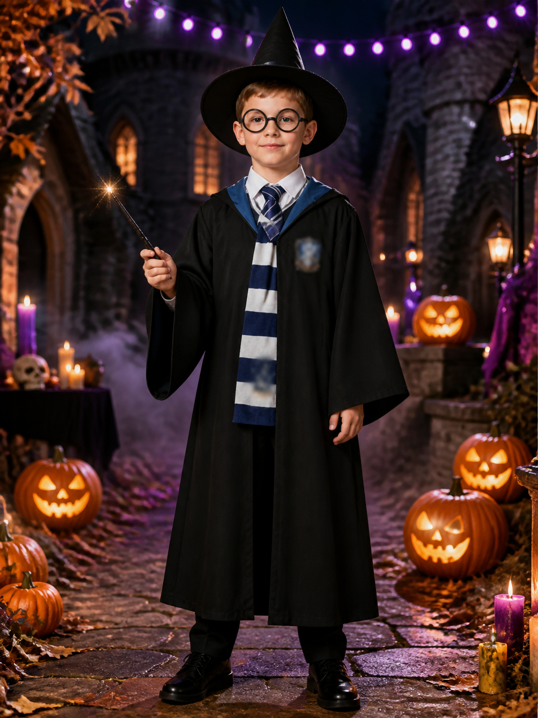 Wizard Costume Set With Robe, Hat, Tie, Scarf, Wand And Round Glasses Costume Headwear detail 2