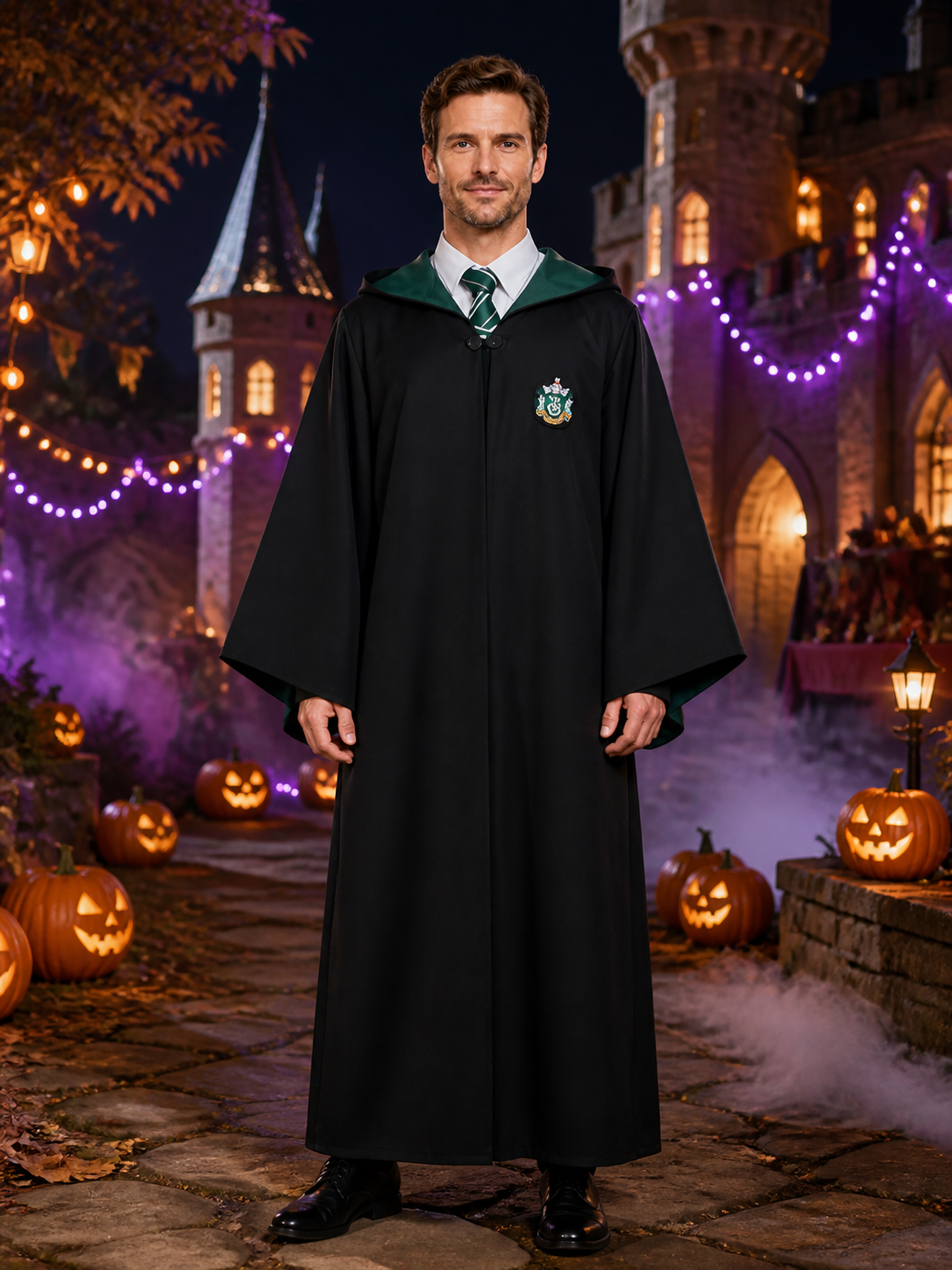 Wizard Costume Set, Hooded Robe With Striped Tie and Embroidered Badge Costumes detail 2