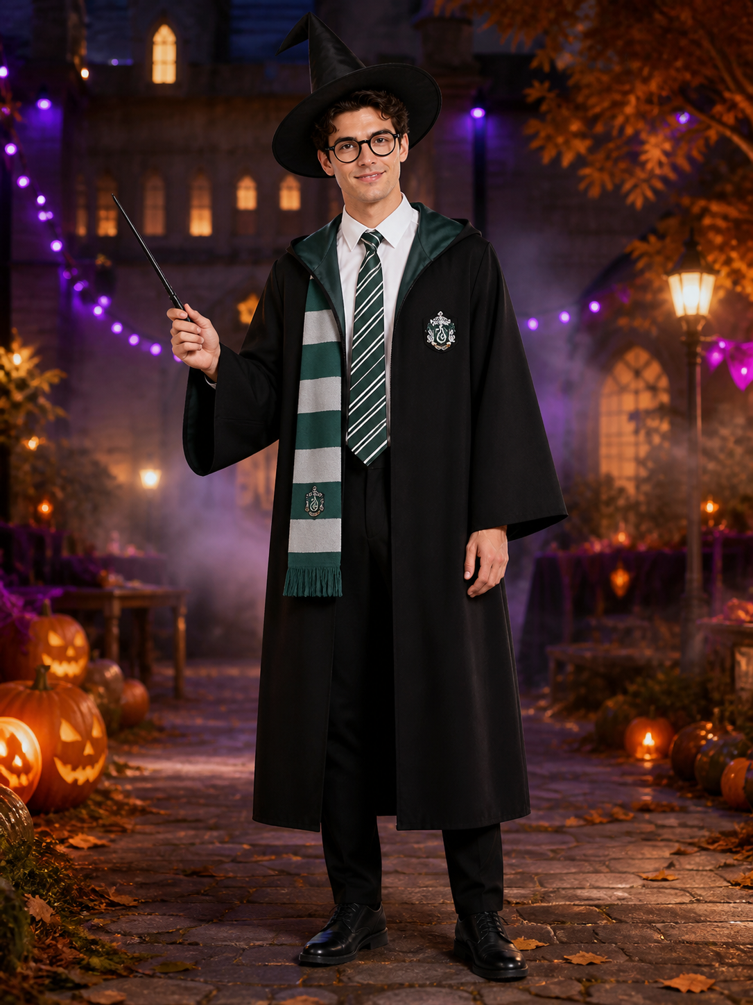 Men's Wizard Robe Costume Set, Hooded Academy Outfit With Hat, Tie, Scarf Costume Headwear detail 2