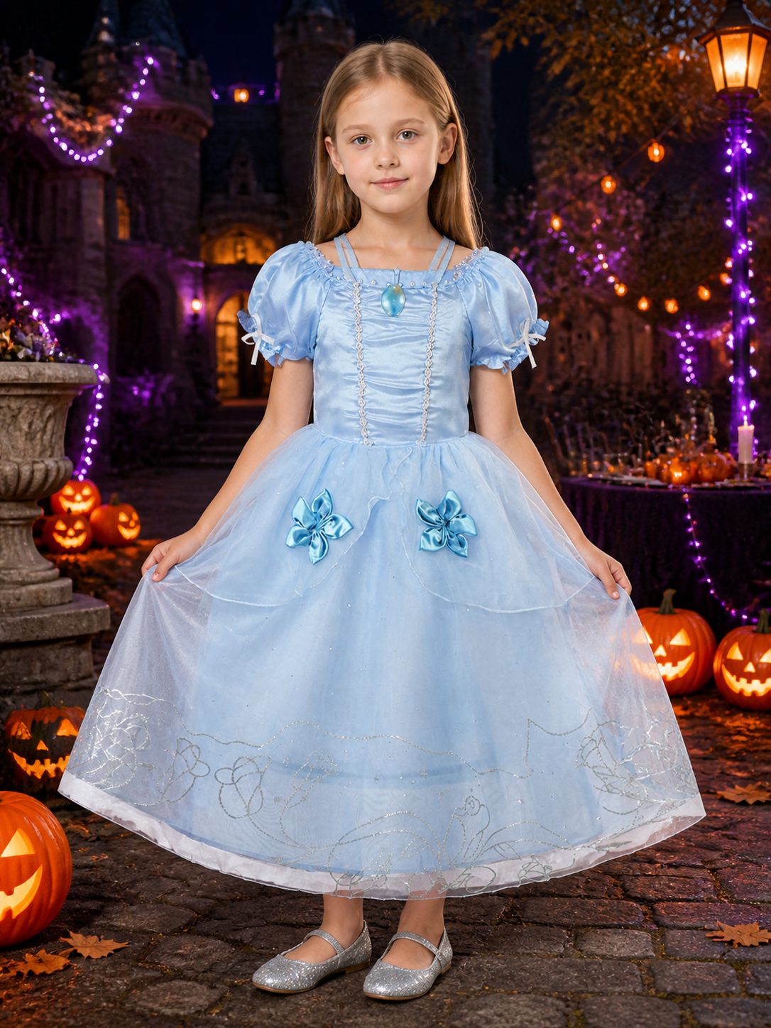 Kids Princess Costume Dress, Light Blue Puffy Sleeve Tutu Skirt with Flower Costume Dresses detail 2