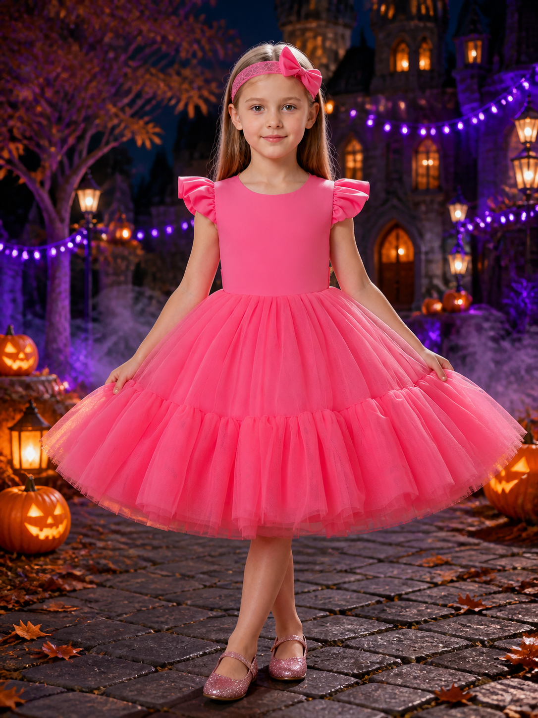 Girls' Princess Dress Set With Lace Bow Headpiece and Layered Tulle Skirt Costume Dresses detail 2