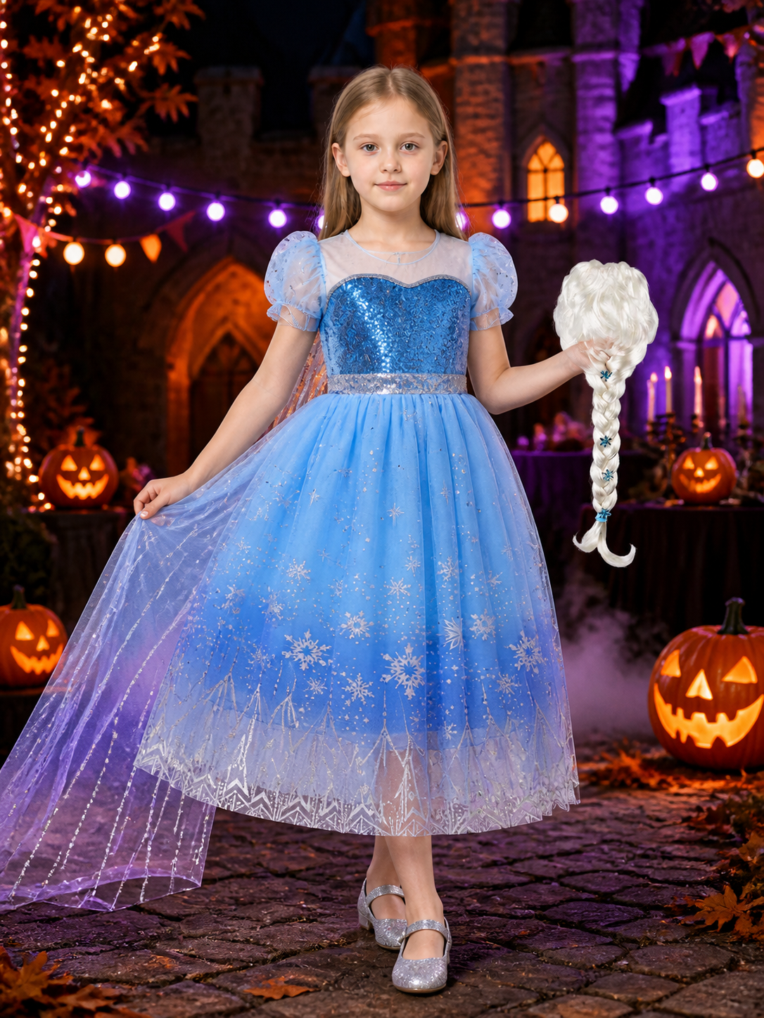 Girls Snow Queen Sequined Costume Dress, Blue Puffy Gown with Cape and Wig Costume Dresses detail 2