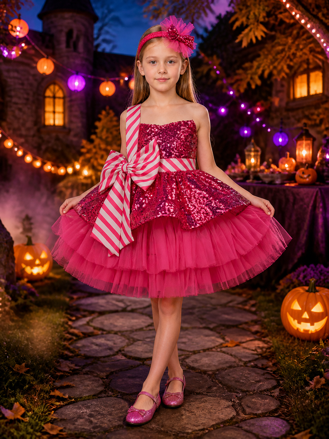 Girls' Sequin Tulle Princess Dress Costume with Bow, Christmas Party Outfit Costume Dresses detail 2