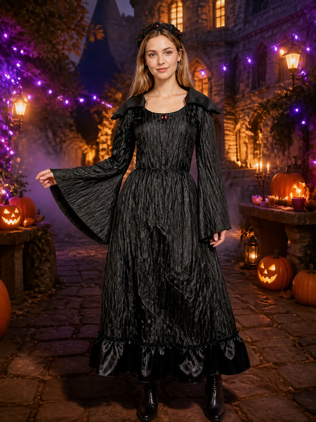 Witch Costume with Red Brooch for Halloween Costumes detail 2