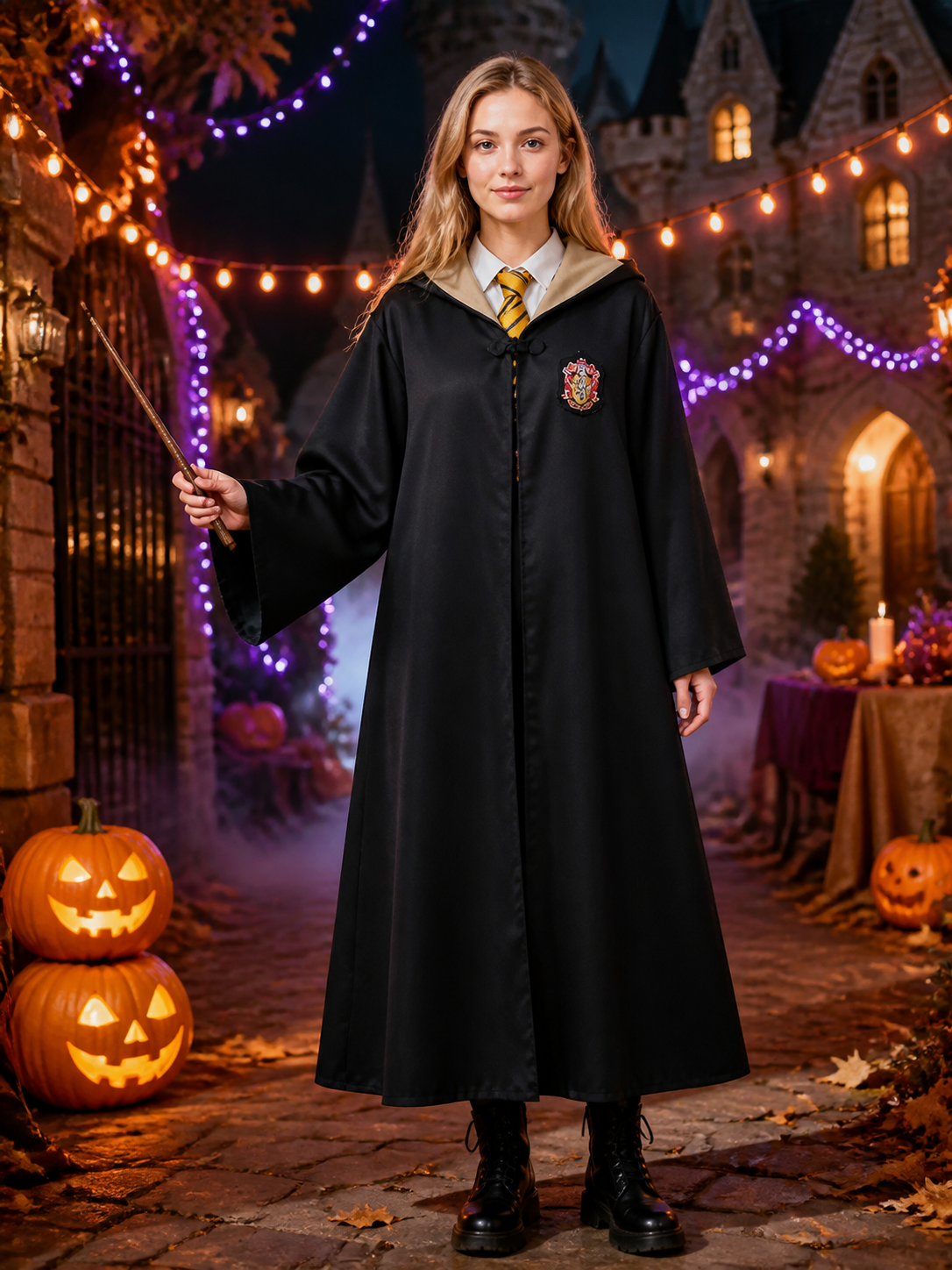 Black Hooded Wizard Robe Costume Set With Striped Tie For Halloween Costumes detail 2