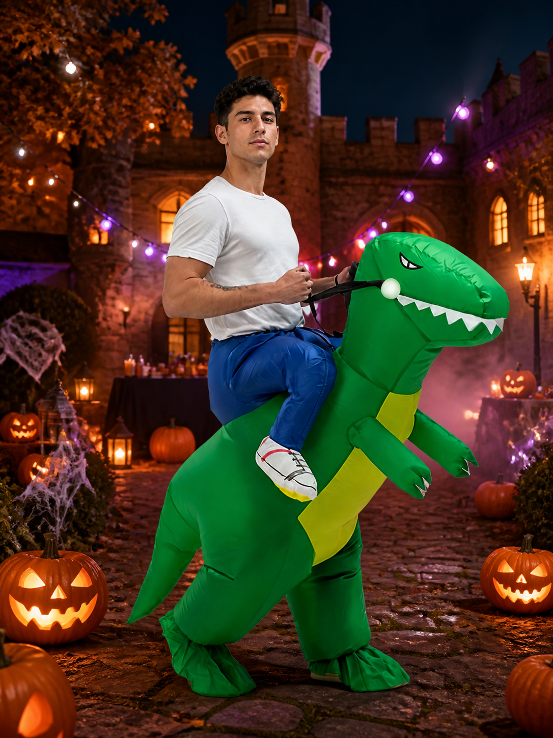 Adult Inflatable Dinosaur Costume, Green with Yellow Belly and White Teeth Costumes detail 2