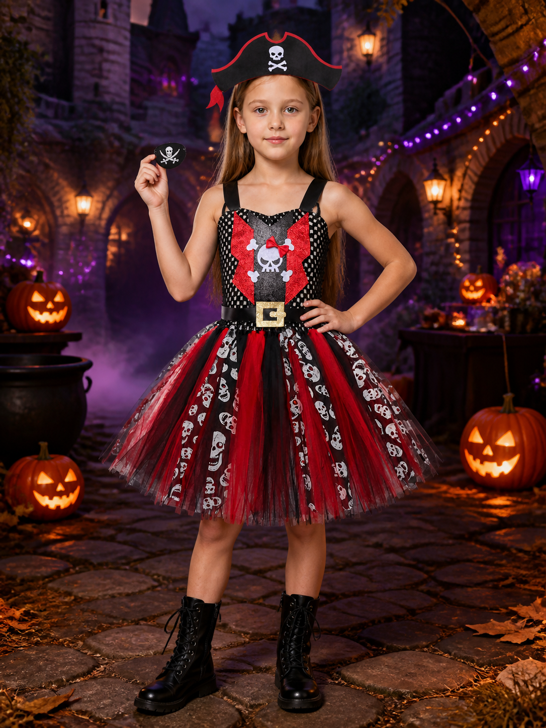 Kids Pirate Princess Dress Costume with Skull Pattern & Hat, Halloween Fancy Costume Dresses detail 2