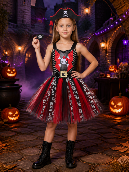 Kids Pirate Princess Dress Costume with Skull Pattern & Hat, Halloween Fancy Costume Dresses detail 2