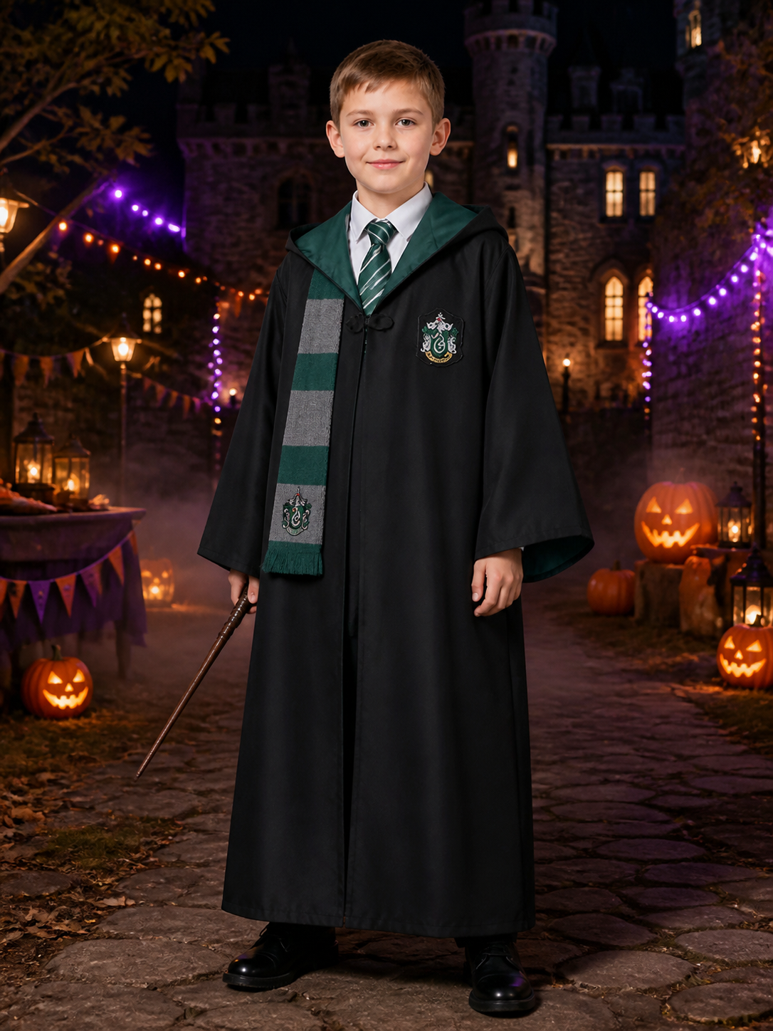 Kids' Slytherin Wizard Costume Set With Hooded Robe, Tie And Scarf Costumes detail 2