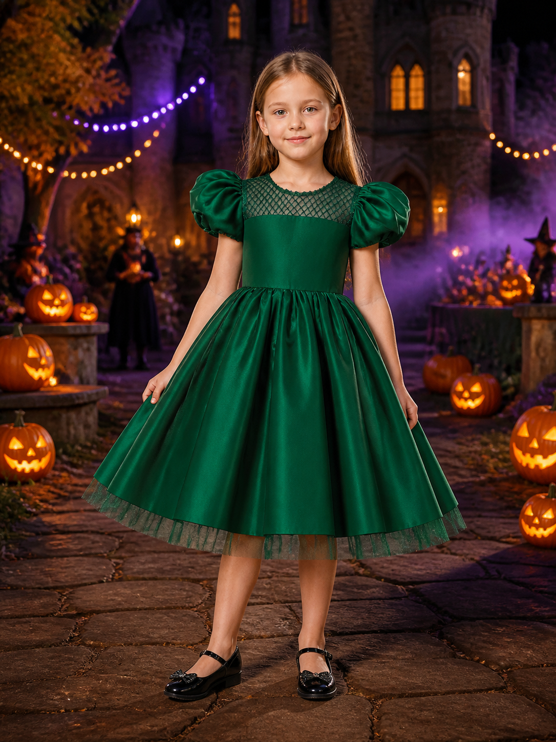 Girls' Dark Green Princess Dress with Puff Sleeves and Tulle Hem Costume Dresses detail 2