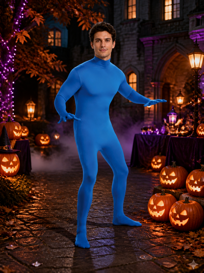 Adult Blue Full Body Invisible Man Costume, Men's Halloween Bodysuit with Mask on-model Halloween scene view