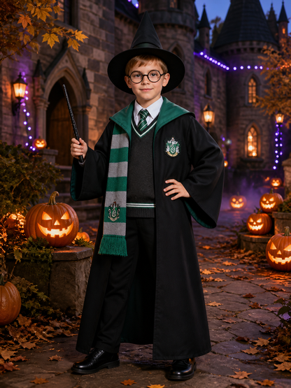 Green Wizard Costume Set with Hooded Robe, Striped Scarf, Hat, Wand and Glasses Costume Headwear detail 2