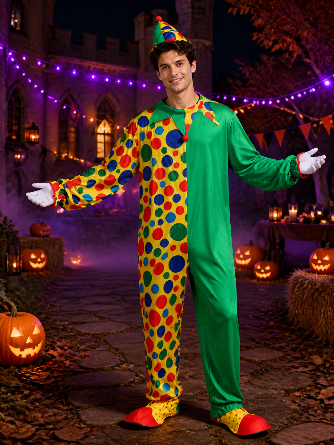 Unisex Adult Clown Jumpsuit Costume with Hat, Polka Dot Print & Color Block Costume Headwear detail 2