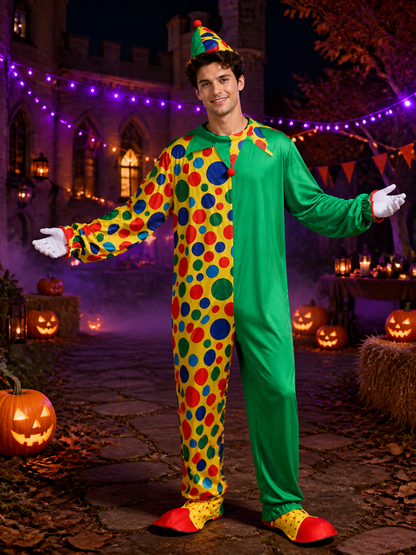 Unisex Adult Clown Jumpsuit Costume with Hat, Polka Dot Print & Color Block Costume Headwear detail 2