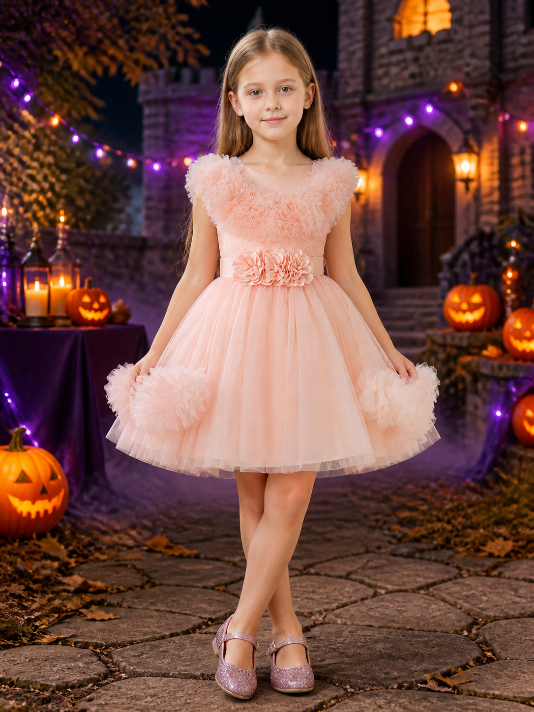 Girls' Pink Princess Dress, Sleeveless Layered Tulle Flower Girl Outfit With Costume Dresses detail 2