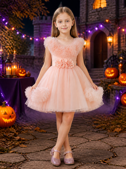 Girls' Pink Princess Dress, Sleeveless Layered Tulle Flower Girl Outfit With Costume Dresses detail 2
