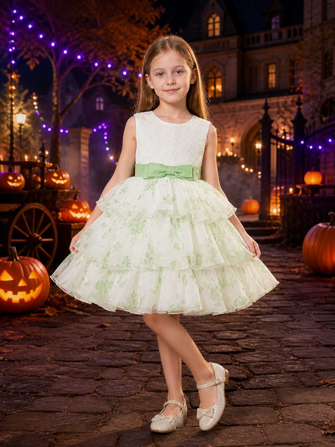 Toddler Girls' Princess Dress, White Lace Bodice, Mint Green Bow and Layered