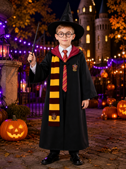 Wizard Magic School Costume Set with Cape, Hat, Scarf, Tie, Glasses, Wand & Costume Capes detail 2