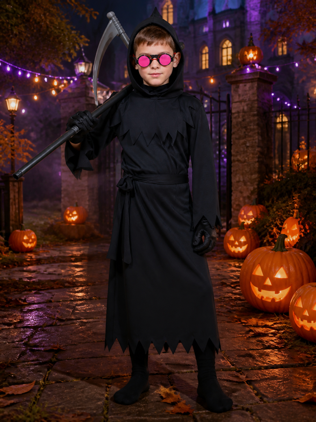 Halloween Grim Reaper Costume Set with Hooded Mask, Glowing Eyes & Scythe Costume Masks detail 2