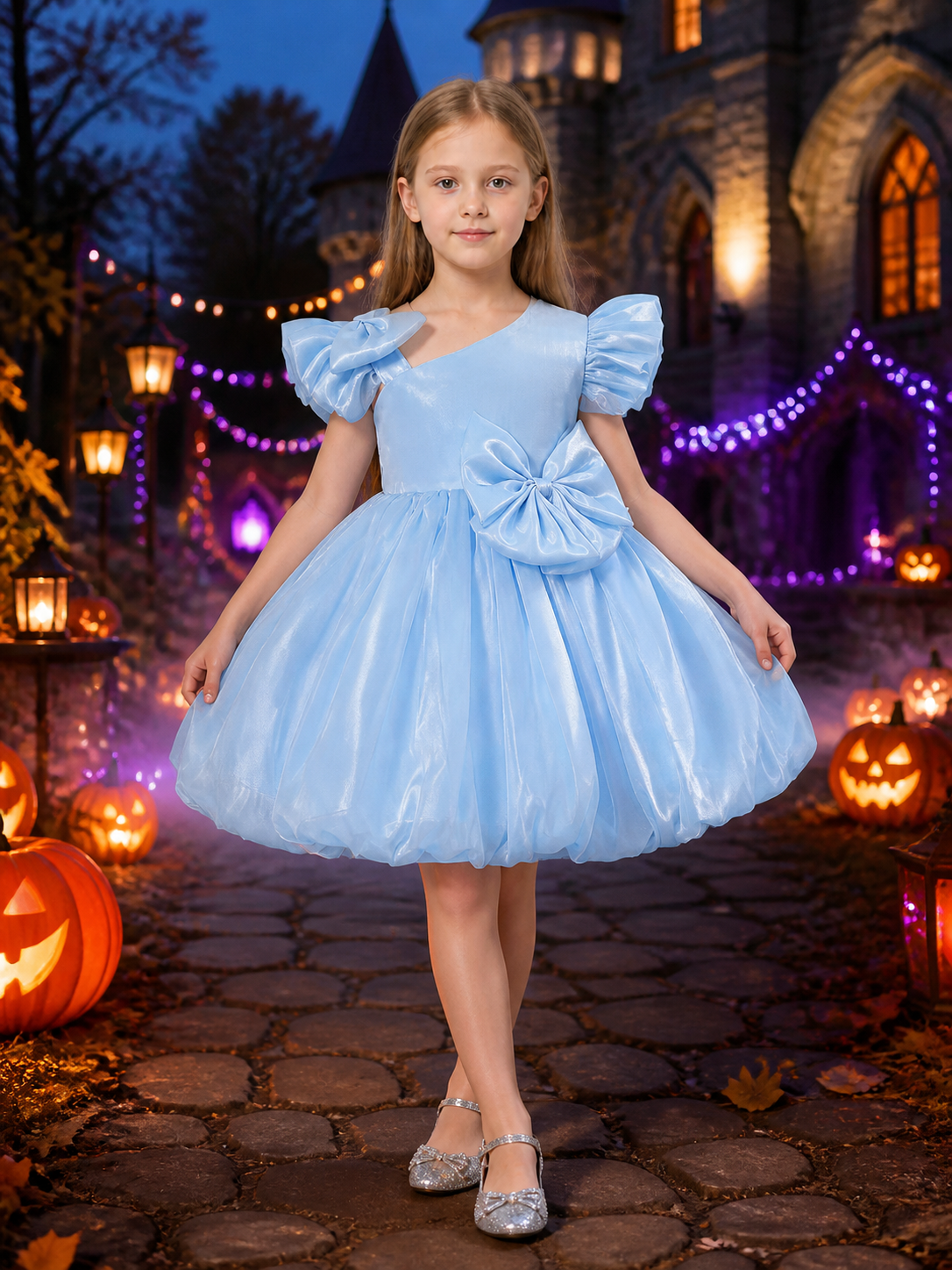 Toddler Girls' Sky Blue Princess Dress with Puff Sleeves and Bow Costume Dresses detail 2