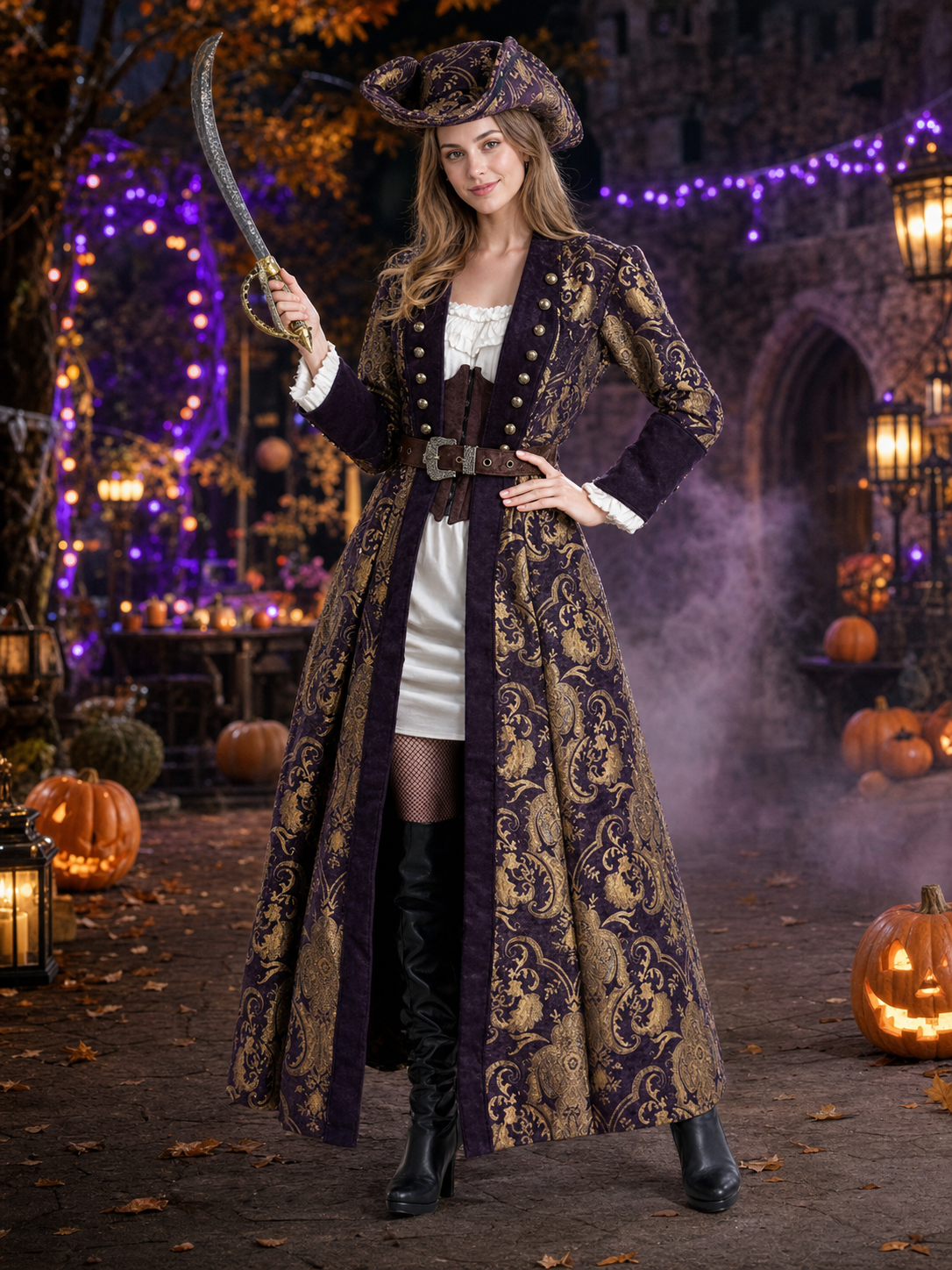 Adult Pirate Costume Set, Dark Purple And Gold Long Coat With Tricorn Hat, Waist Costume Headwear detail 2