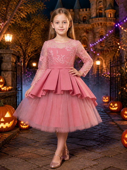 Girls' Pink Princess Flower Girl Baptism Dress, Embroidered Lace Tulle Costume Dresses detail 2