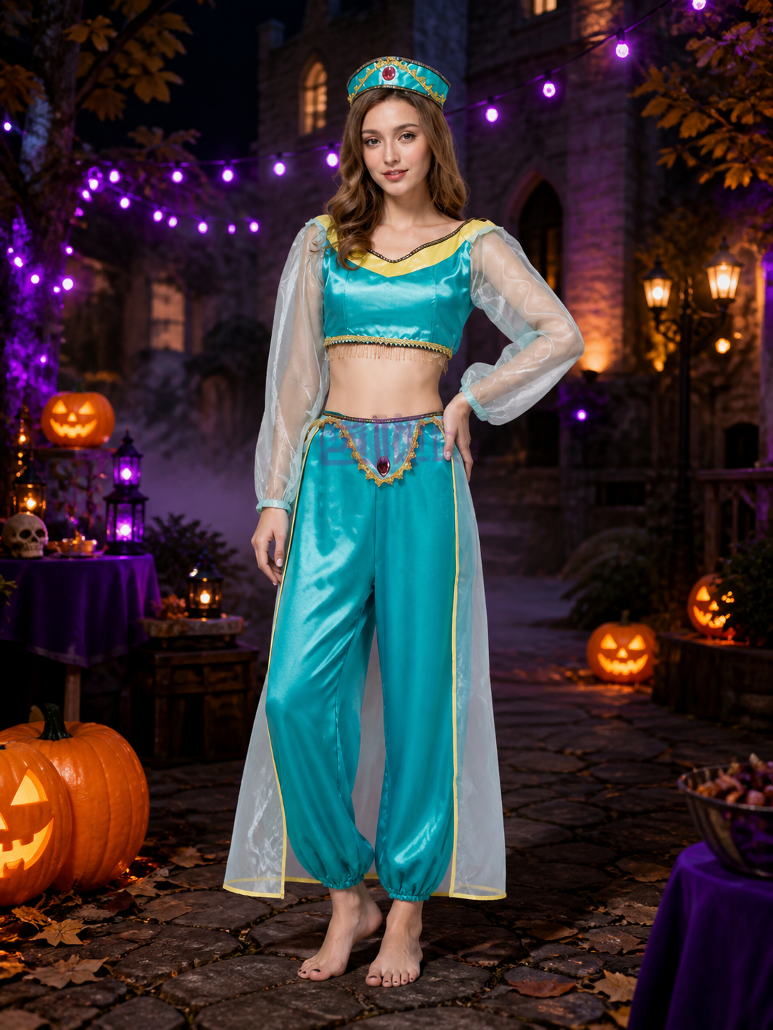 Aladdin Princess 3-Piece Costume Set, Turquoise Top, Pants And Headpiece Costume Headwear detail 2