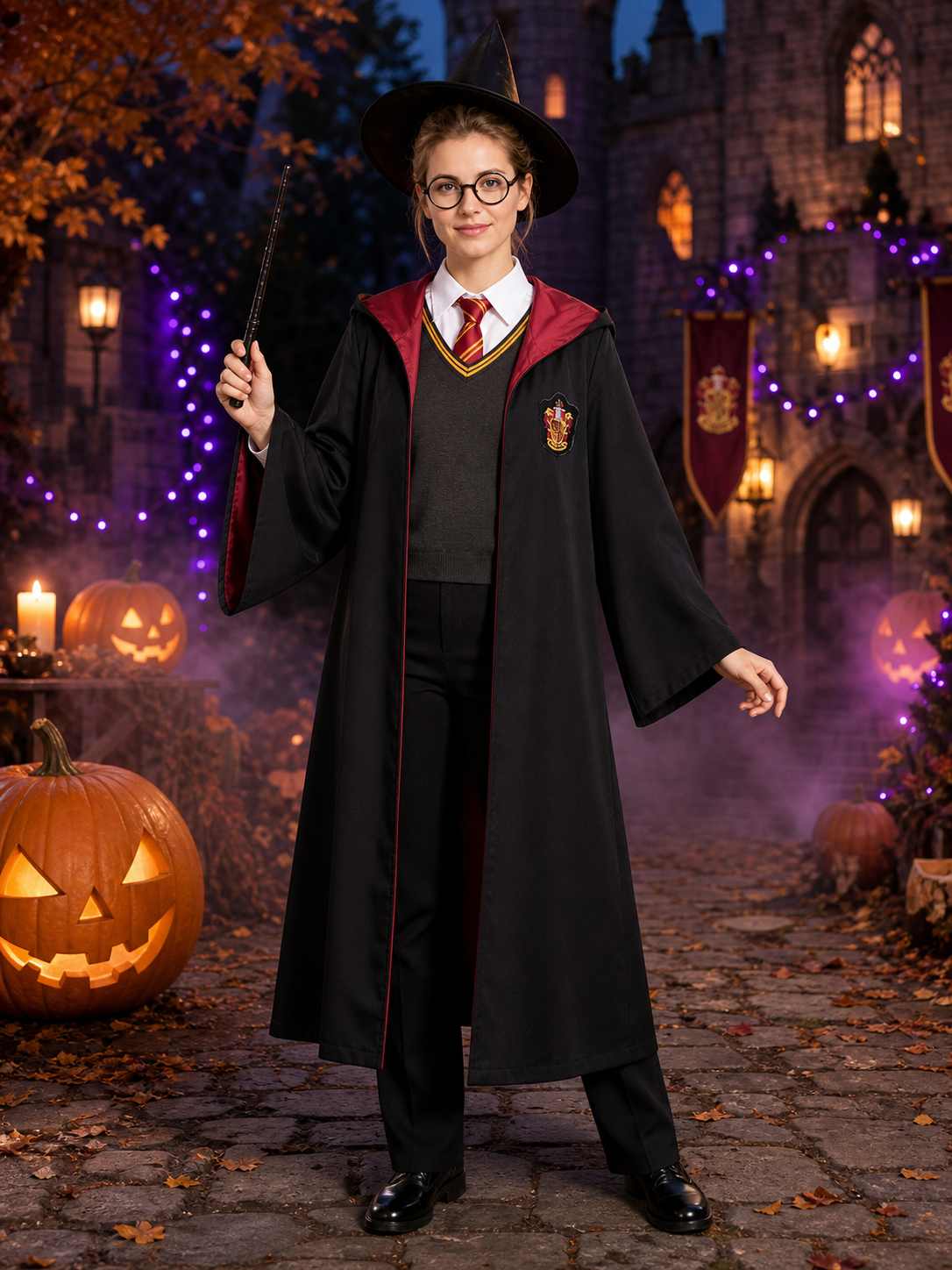 Wizard Robe Costume Set with Striped Scarf, Tie, Wand, Glasses, Hat, Shirt Costume Headwear detail 2