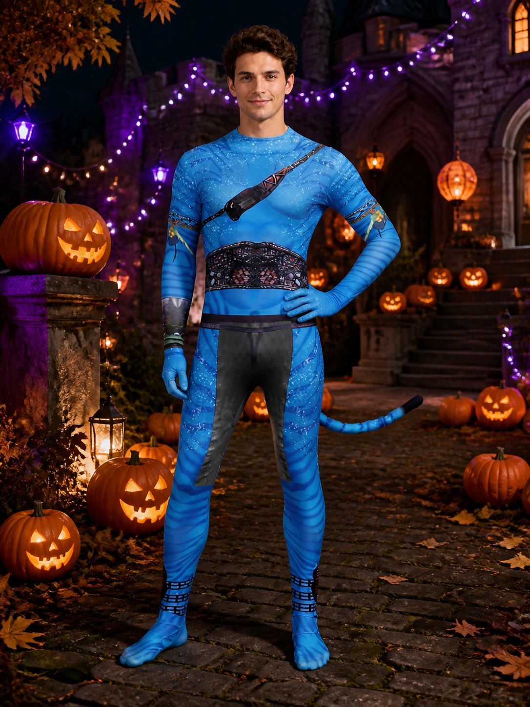 Blue Camouflage-Style Full-Body Cosplay Jumpsuit With Tail on-model Halloween scene view