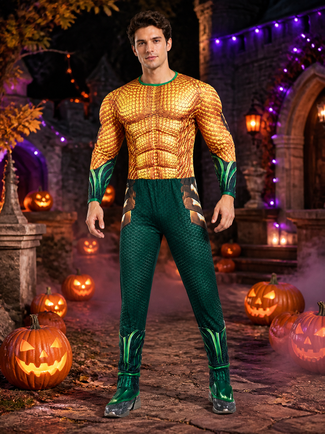 Adult Aquaman Muscle-Design Scaled Bodysuit Costume, Long Sleeve