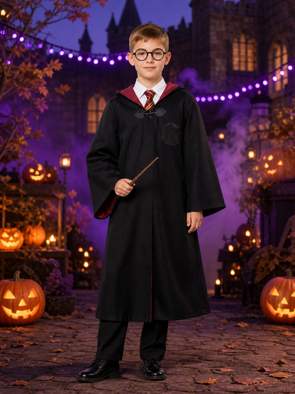 Children's Wizard Costume Set With Hooded Robe, Tie, Glasses, Shirt And Pants Costumes detail 2