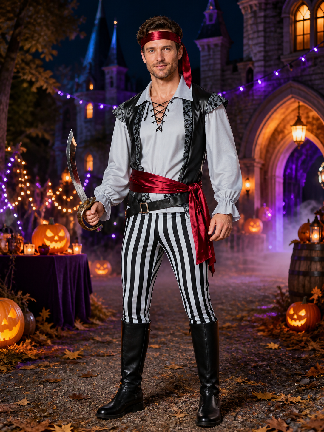 Adult Pirate Costume Set with Striped Pants, Vest, Shirt, Headscarf and Belts Costumes detail 2