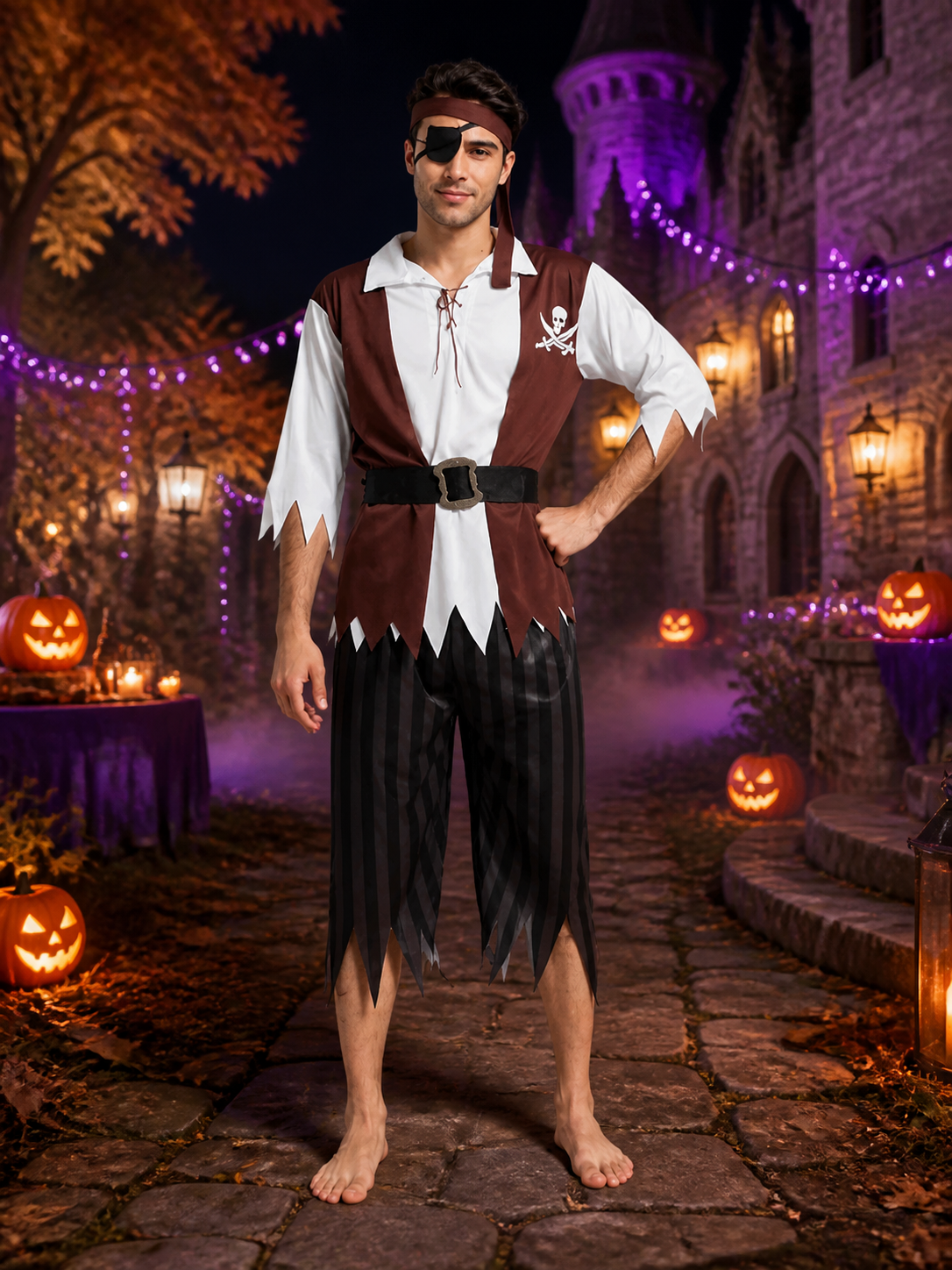 Adult Pirate Costume Set with Shirt, Pants, Headscarf, Belt and Eyepatch Costumes detail 2