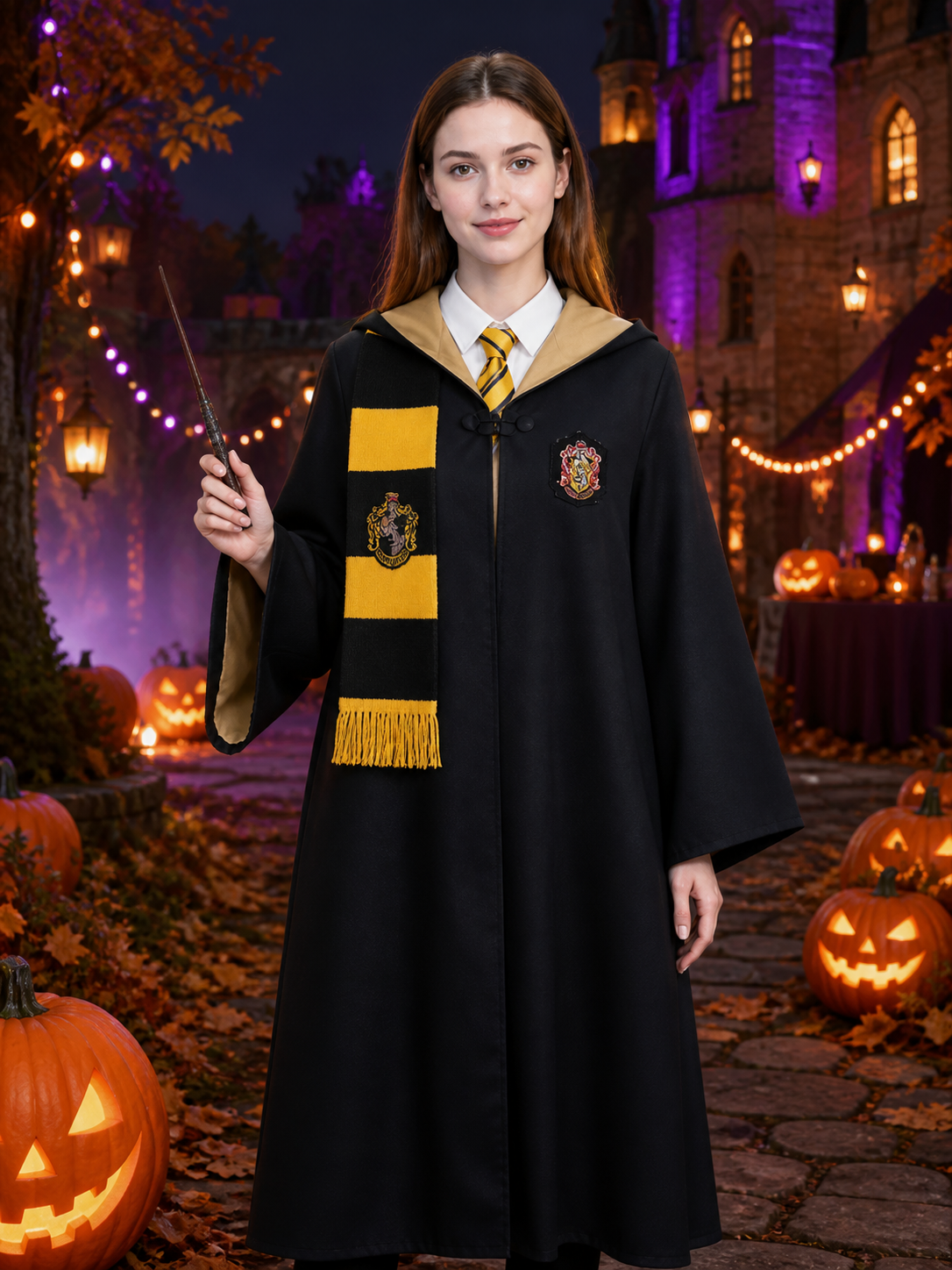 Wizard Cosplay Costume Set - Yellow and Black Hooded Robe, Tie & Scarf Costumes detail 2