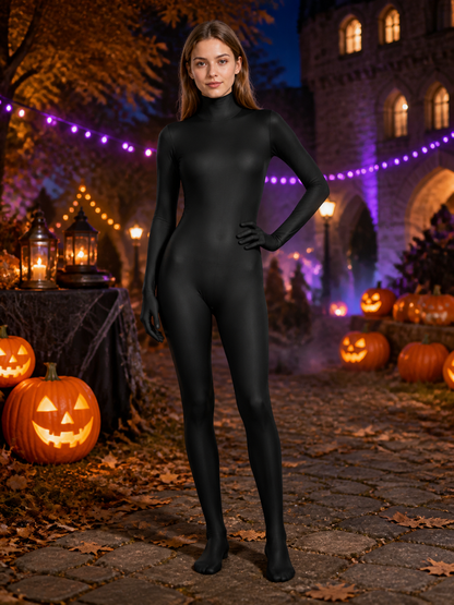 Black Full-Body Zentai Bodysuit With Hood, Attached Hands And Feet