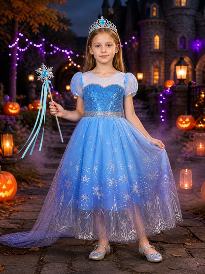 Kids Snow Queen Blue Sequined Snowflake Puffy Princess Dress Halloween Costume Costume Dresses detail 2
