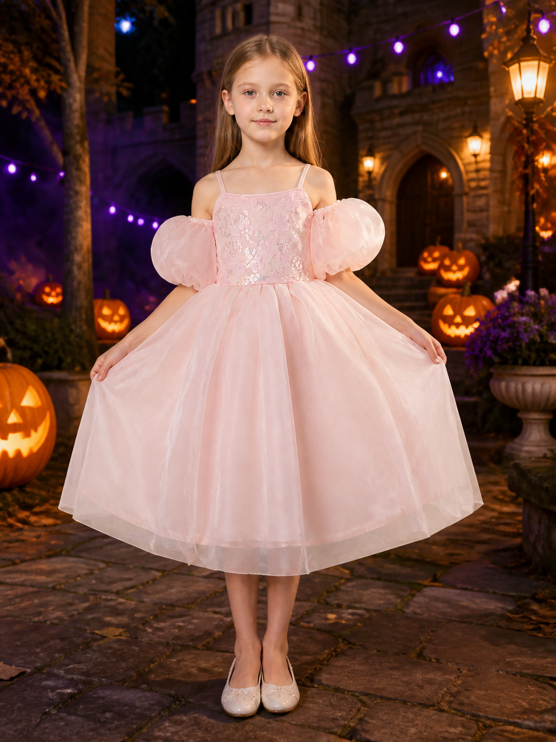 Baby Girls' Pink Princess Dress With Puff Sleeves, Sequin Floral Bodice and Costume Dresses detail 2