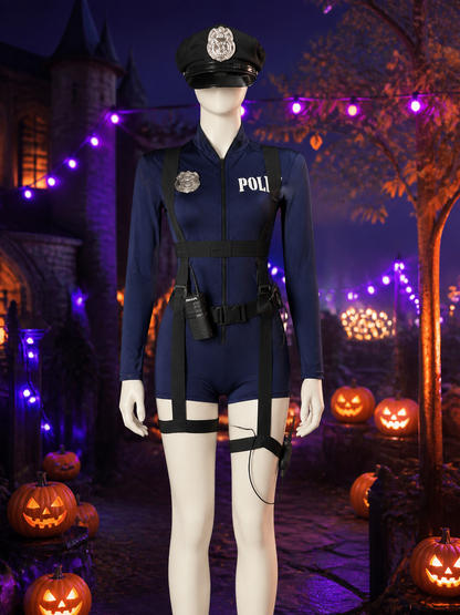 Police Costume Set with Dark Blue Jumpsuit, Hat and Prop Radio Cosplay Outfit Costume Headwear detail 2