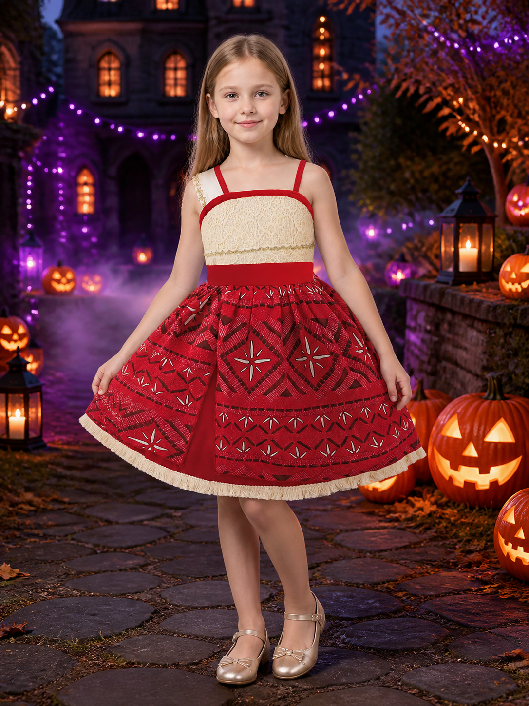 Girls' Princess Dress Costume, Red Geometric Print Lace Bodice Party Outfit With Costume Dresses detail 2