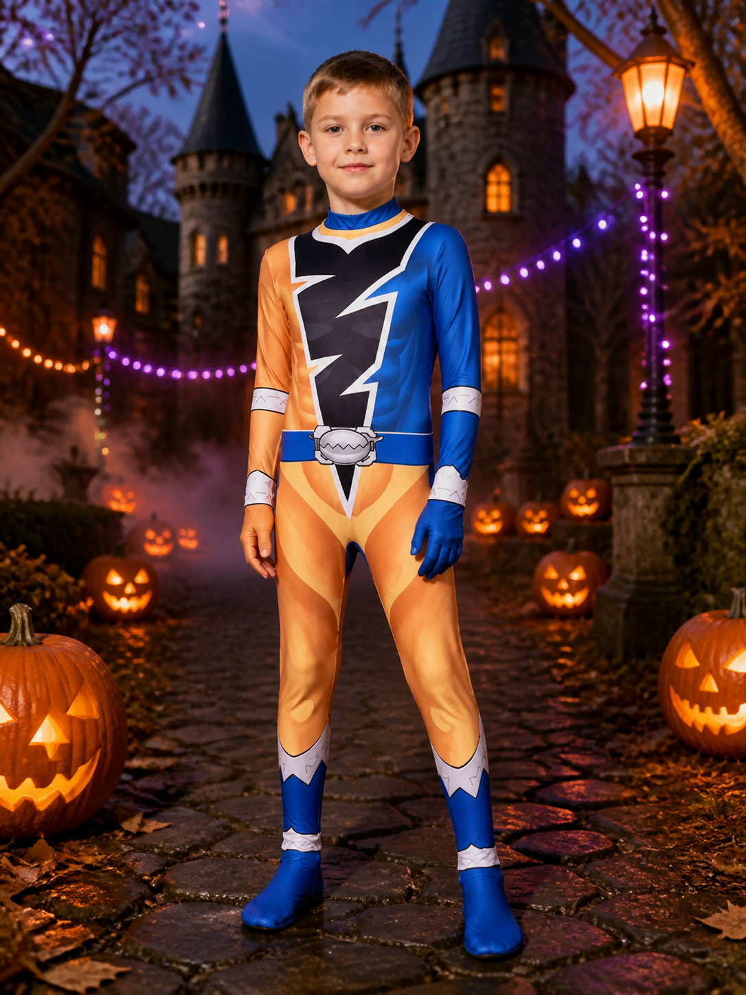 Lightning Pattern Hooded Full Body Costume Bodysuit for Kids and Adults on-model Halloween scene view