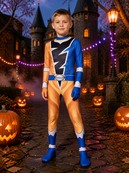 Lightning Pattern Hooded Full Body Costume Bodysuit for Kids and Adults on-model Halloween scene view